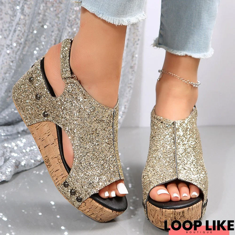 Trendy Chunky Wedge Sandals: Fashion Sequins Velcro Shoes for Women's Stylish Comfort