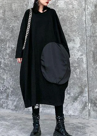 100% black linen cotton clothes For Women o neck pockets Art spring Dresses