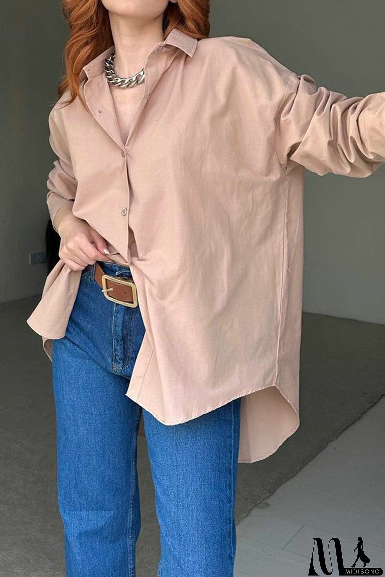 MidiSono - Single-breasted Back Slit Solid Blouse