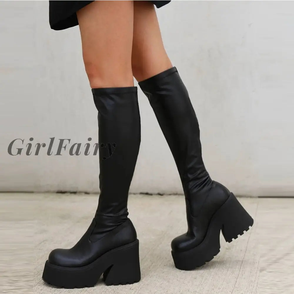 Girlfairy Halloween Platform Knee-High Boots Women Chunky Gothic Shoes Punk Deign Woman Boot