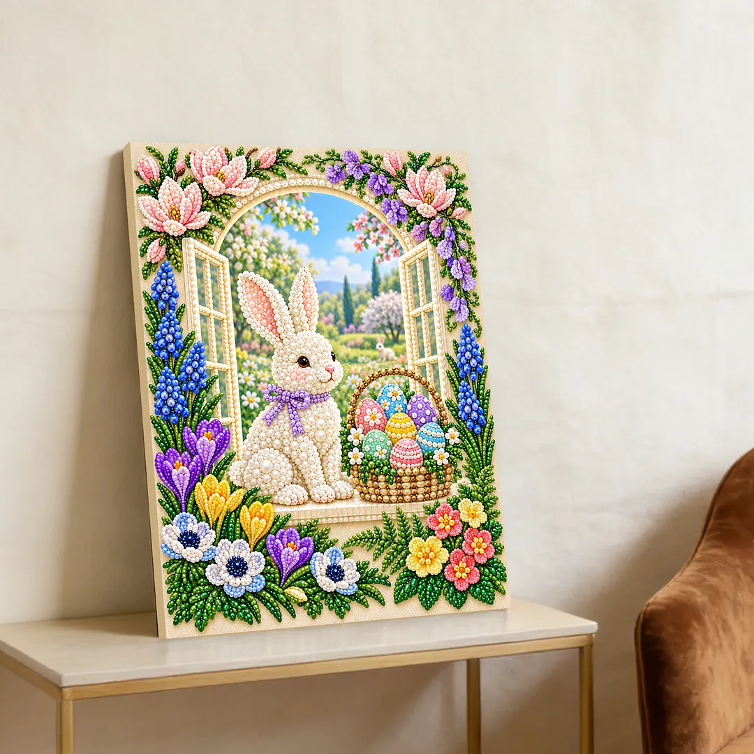 Pearl Painting Kit for Adults Easter Bunny Home Decor Framed 11.81x15.75in