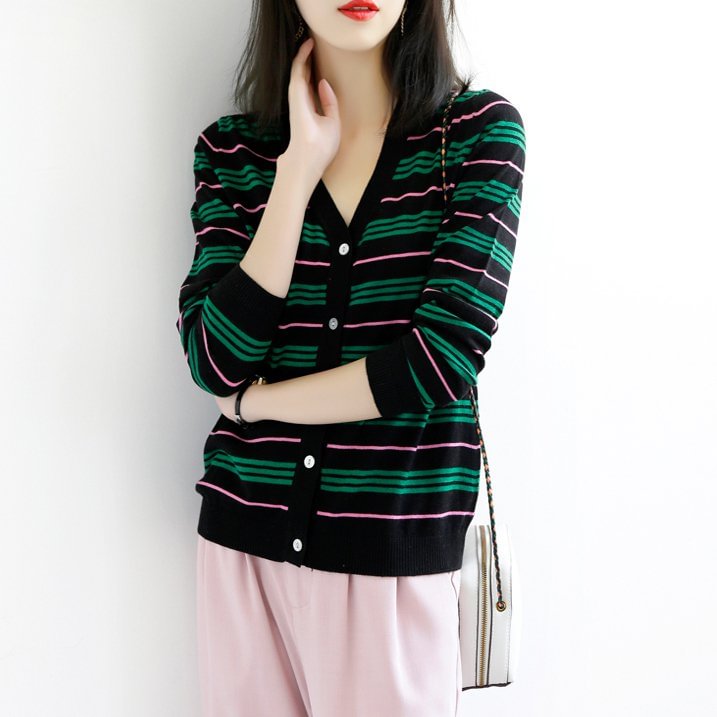 Knitted Shift Casual Stripes Outerwear