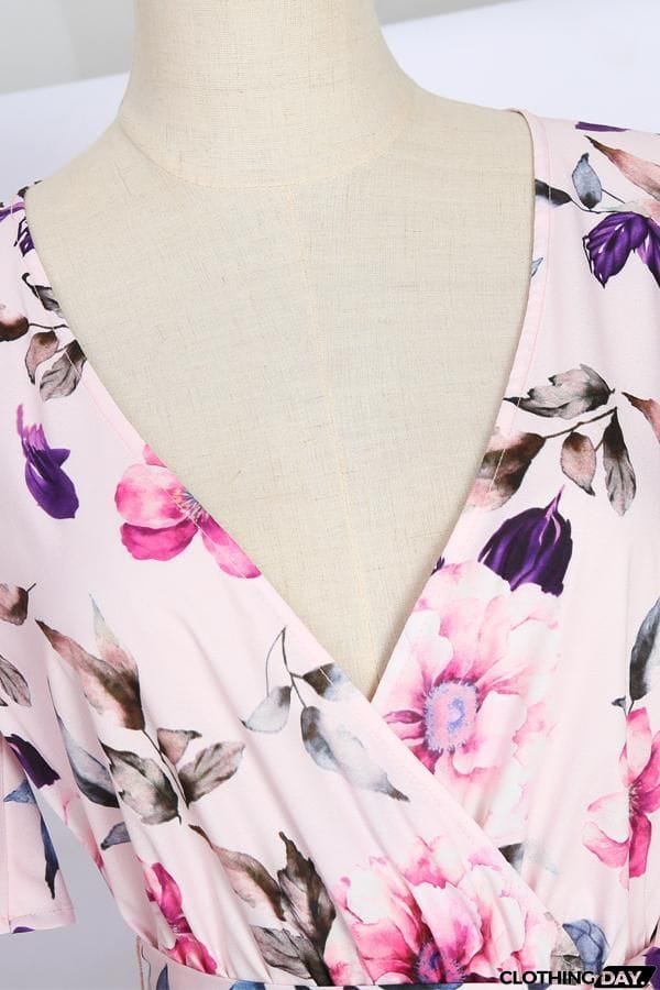 Sexy Short Sleeves Floral Print Vacation Maxi Dress