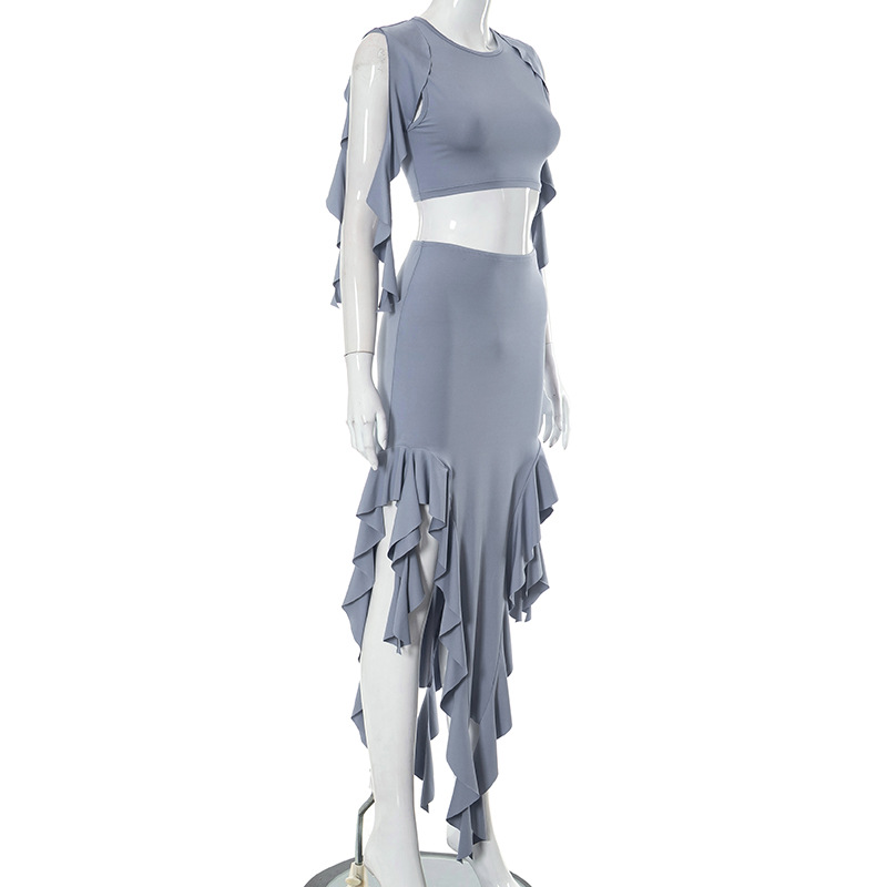 Ootddress Ruffled Tassel Patchwork 2 Piece-Set For Women High Waist Long Skirt And Crop top Outfits Solid Summer Maxi Skirt Sets