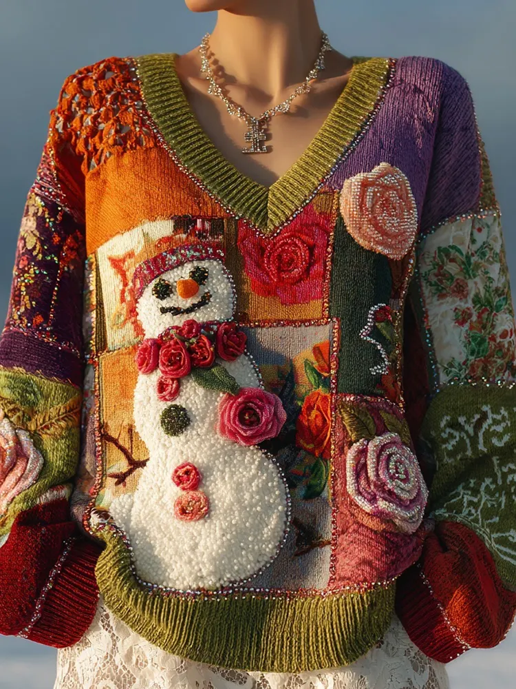 Vintage Christmas Inspired Patchwork Cozy Knit Sweater