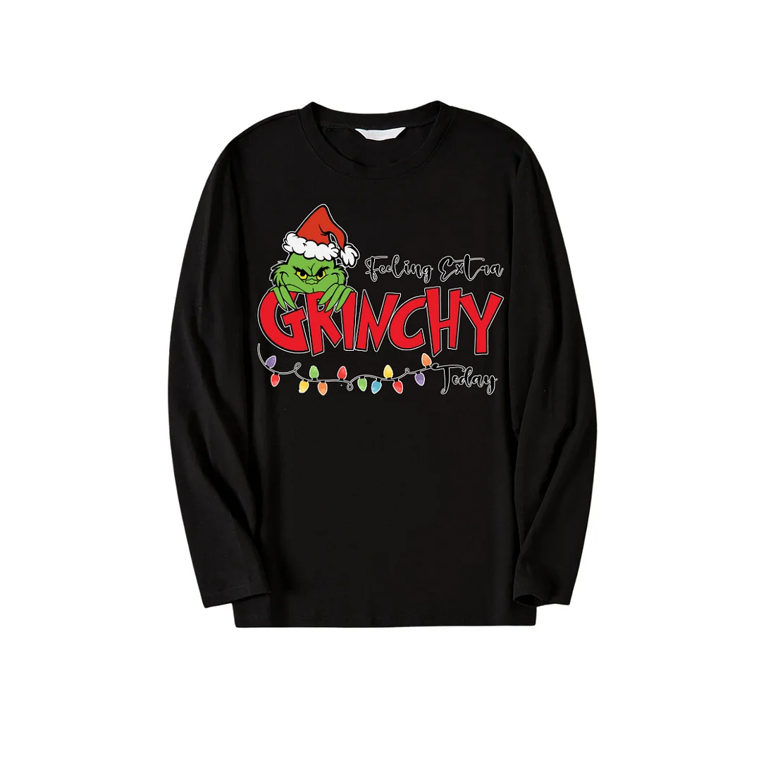 Christmas Cartoon Pattern and Light Print Black Long Sleeve Top with Green and Black Plaid Family Matching Pajamas