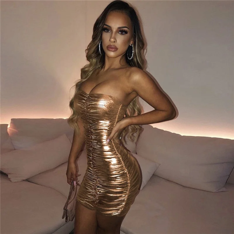 Articat Strapless Bronzing Gold Mini Dress For Women Summer Sexy Backless Ruched Vestidos Sleeve Bodycon Nightclub Party Dress