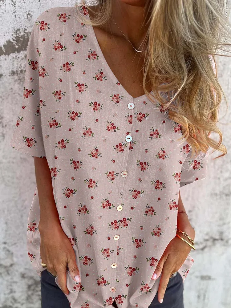 Women's Elegant Retro Floral Pattern Round Shirt Style Cotton and Linen Top