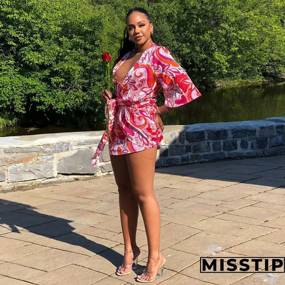 Summer Sexy Women Print Floral Short Sleeve Neck Lace Shirt Line Beach Party Mini Dress ##