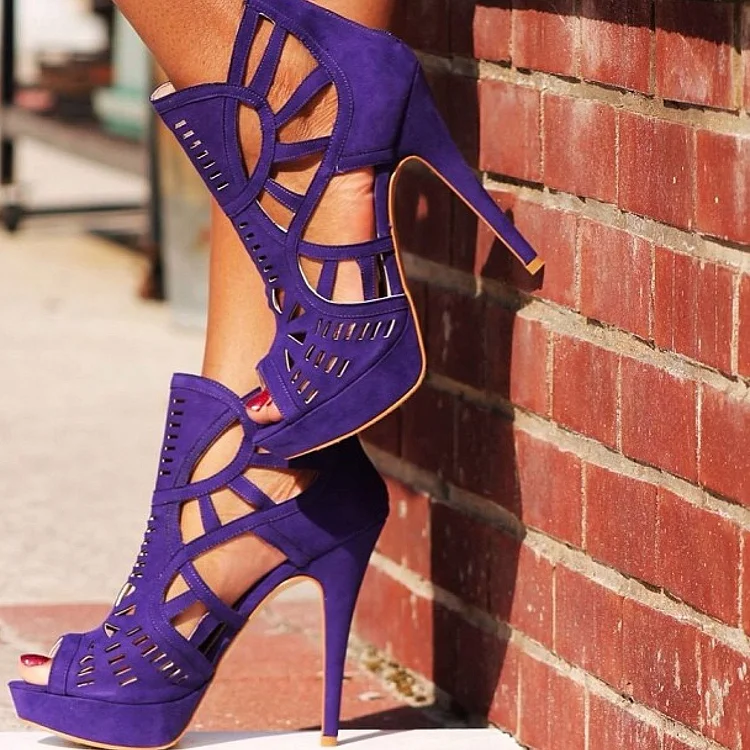 Purple Hollow Out Caged Sandals Peep Toe Platform Heels  |FSJ Shoes