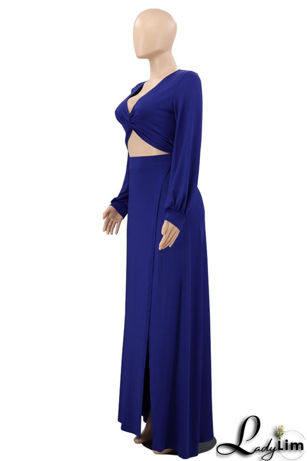 Blue Fashion Casual Solid Slit V Neck Long Sleeve Two Pieces