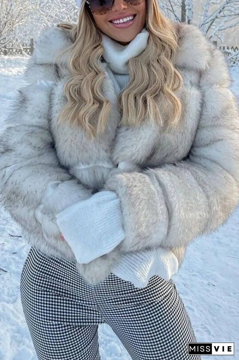 Layer O Neck Faux Fur Coat