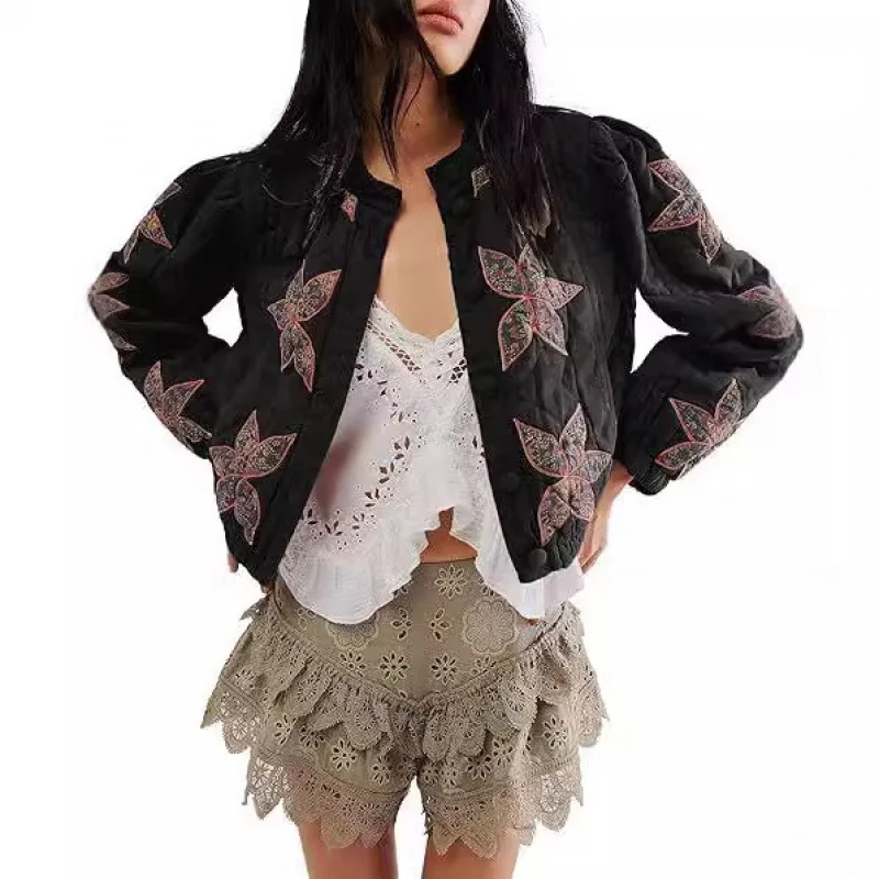 Nigikala Nigikala Autumn And Winter Explosion Embroidered Good Quality Washing Cotton Maple Leaf Embroidery Lady Coat Cotton Suit