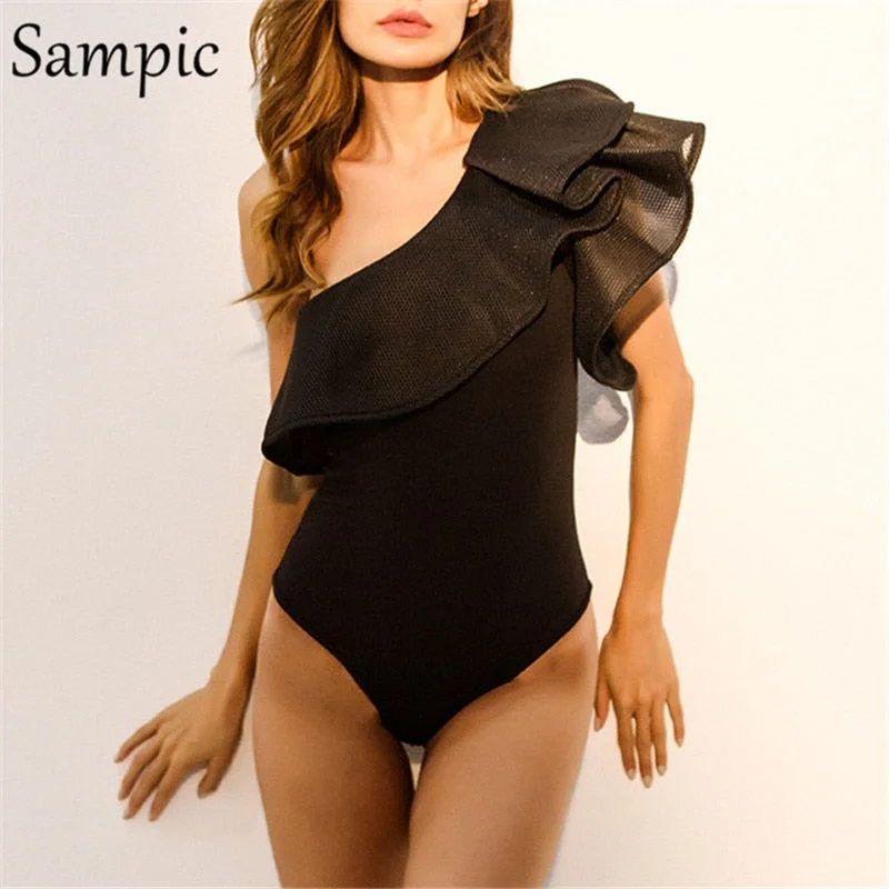 Sampic Sexy Ruffle Bodysuit Body Women Summer Beach One Shoulder Backless White Black Red Rompers Womens Jumpsuit Bodysuits
