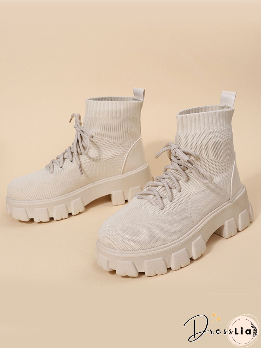 Versatile Platform Lace-Up Casual Black Short Flyknit Sock Boots