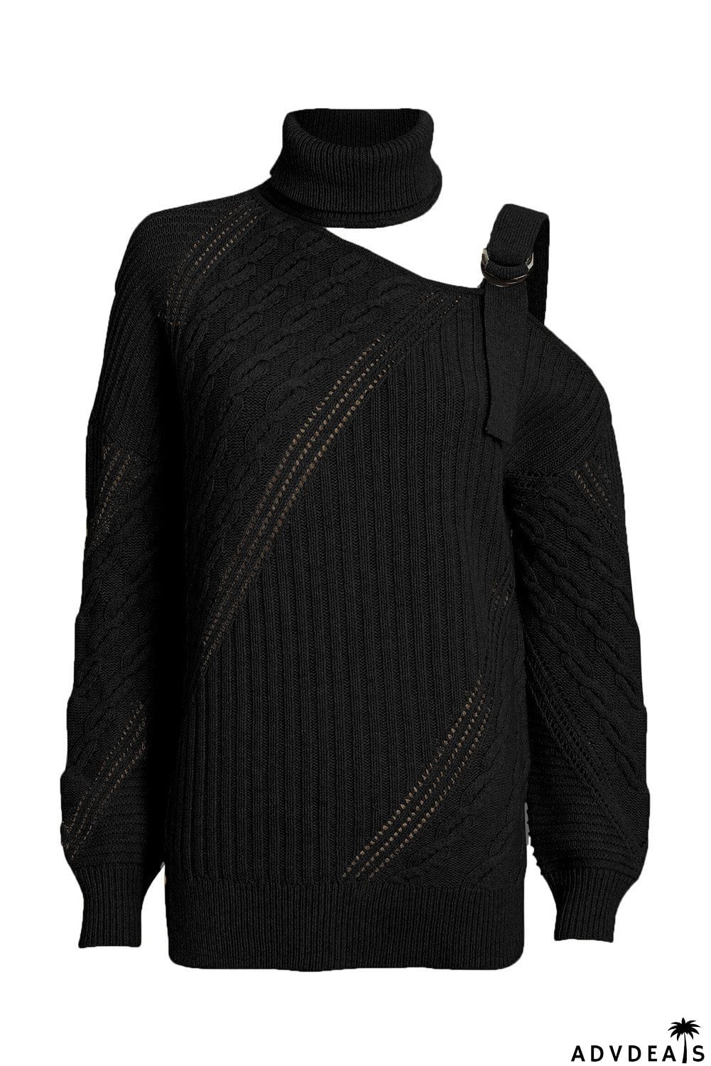 Strapped Cut out Shoulder Turtleneck Sweater