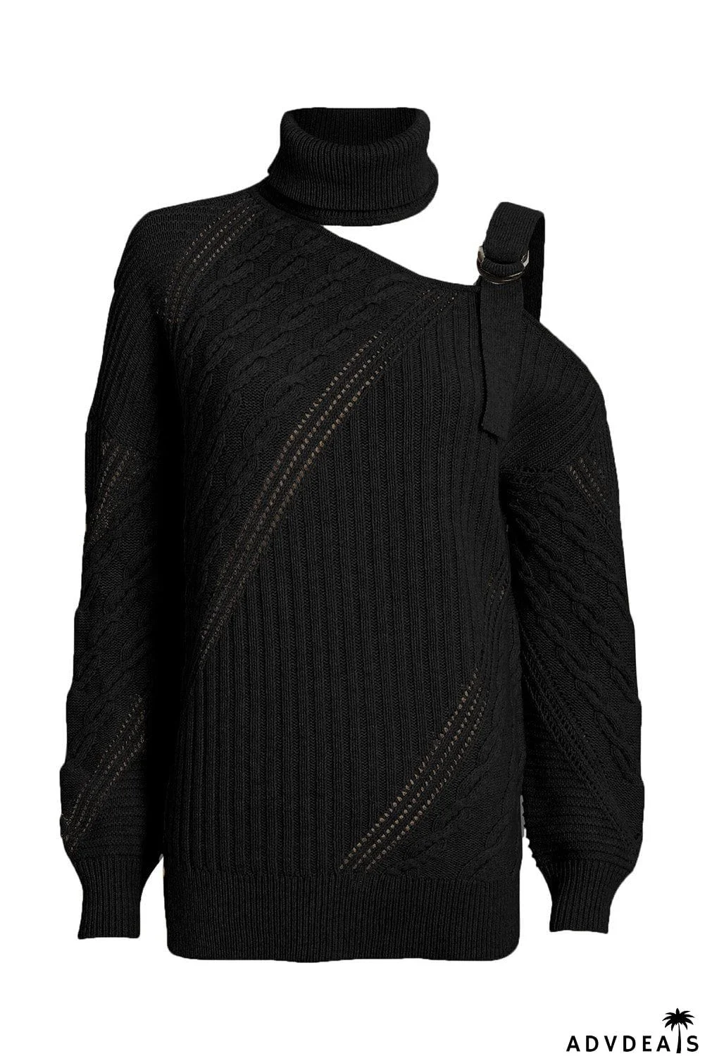 Strapped Cut out Shoulder Turtleneck Sweater