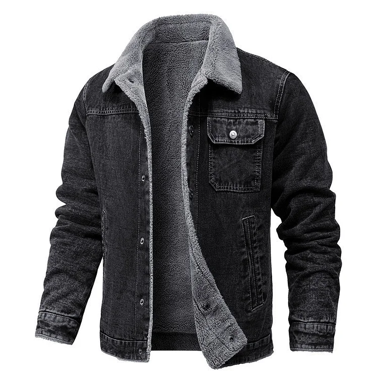 Vintage Fuzzy Denim Turndown Collar Pockets Long Sleeve Winter Jacket