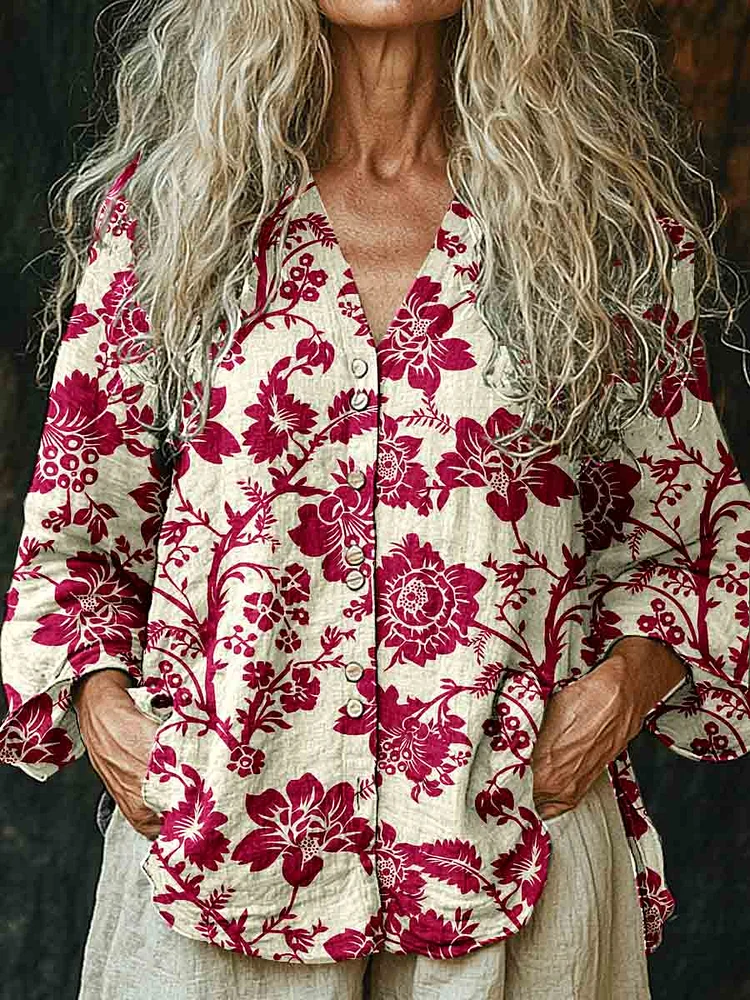 Womens Retro Floral Pattern Long Sleeve Comfortable Cotton And Linen Shirt
