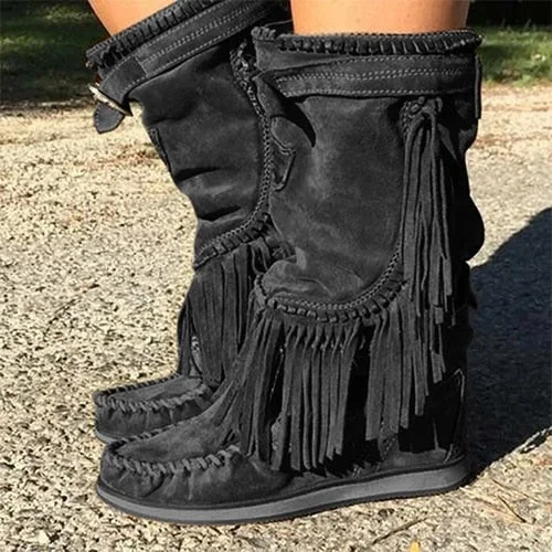 Pirate Boots Woman Pleated Tassel Mid-calf Boots Womens Sewing Footwear Buckle Leather High Heels Shoes Female Plus Size Zip