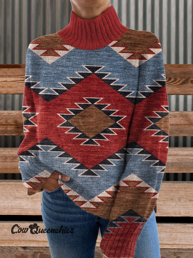 Vintage Print Knit Turtleneck Pullover Sweater Multicolor / S