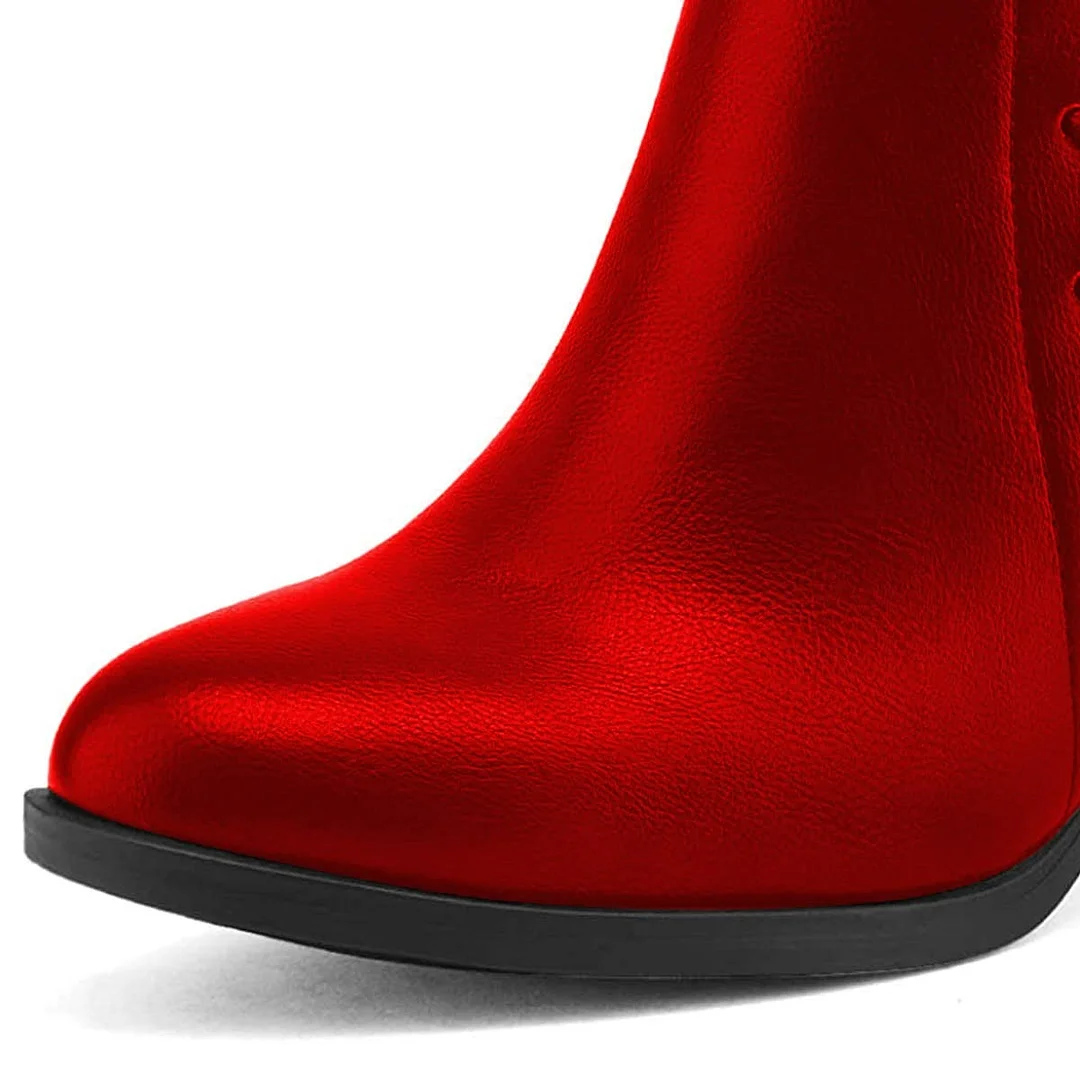 Red Metallic Finish High Heel Ankle Lace-Up Boots with Zipper