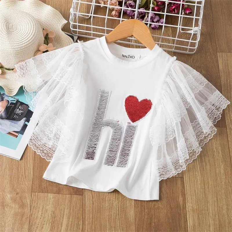 Girls T-shirts Short Sleeve Flamingo Unicorn Print Tops for Baby Girl Summer Clothes Sequins Tshirt 3-8Yrs Kids Tees for Girls