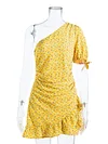 Yellow Floral Oblique Shoulder Sexy Mini Dress