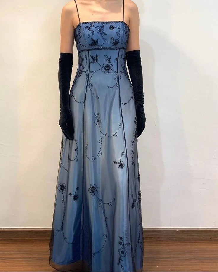 Blue/Grey Delicate Beaded Long Tulle Elegant Ball Gown Evening Dress Formal Birthday Party Dress Prom Dress