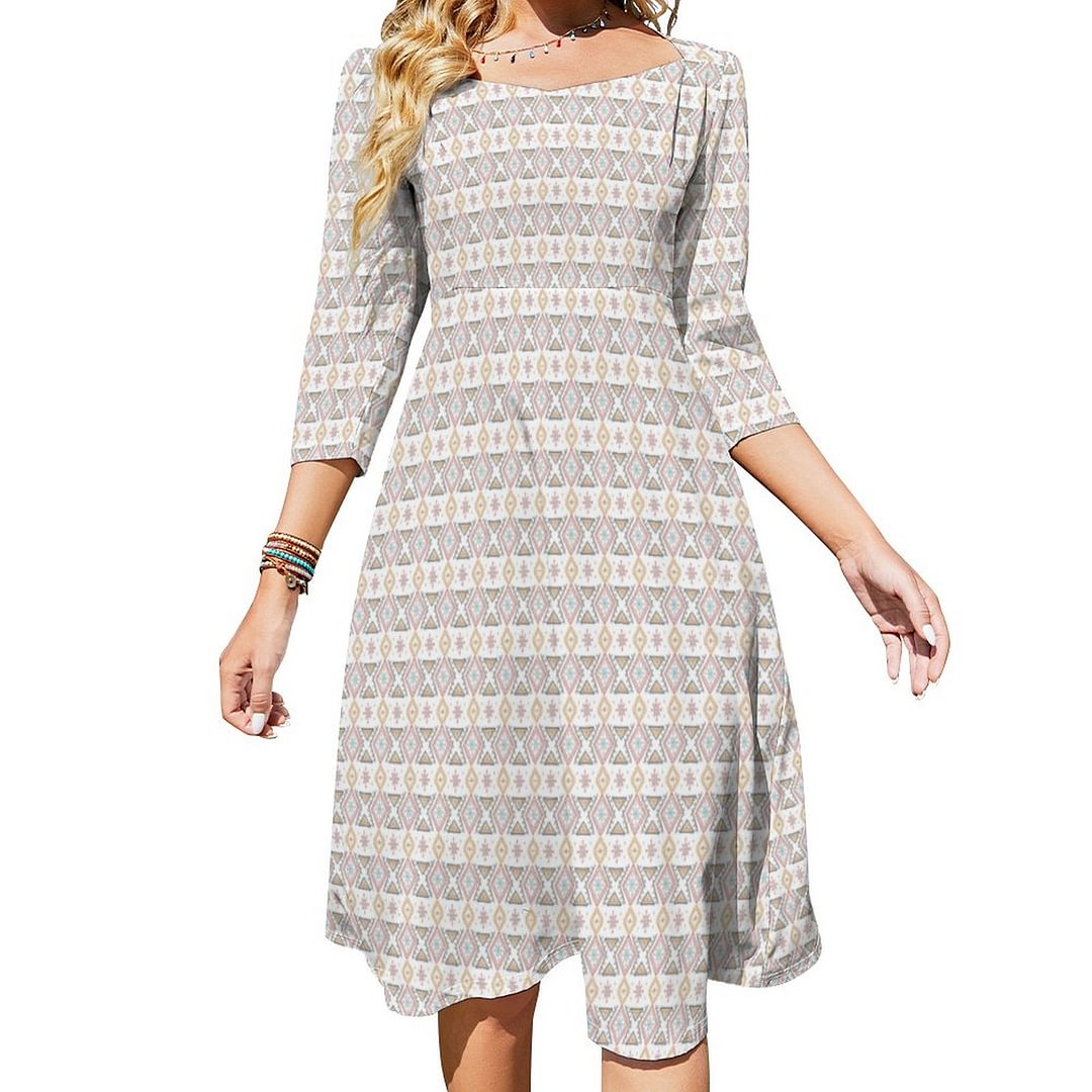 White With Beige Ethnic Design Pattern Dress Sweetheart Tie Back Flared 3/4 Sleeve Midi Dresses