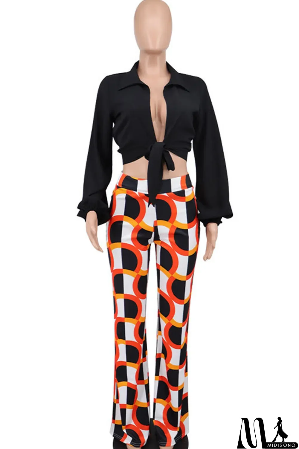 MidiSono - Black Casual Print Bandage Split Joint V Neck Long Sleeve Two Pieces