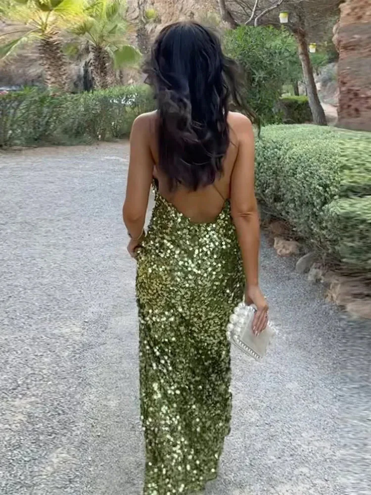 Woherb Green Sequin Backless Sling Maxi Dress-Outfit Ideas