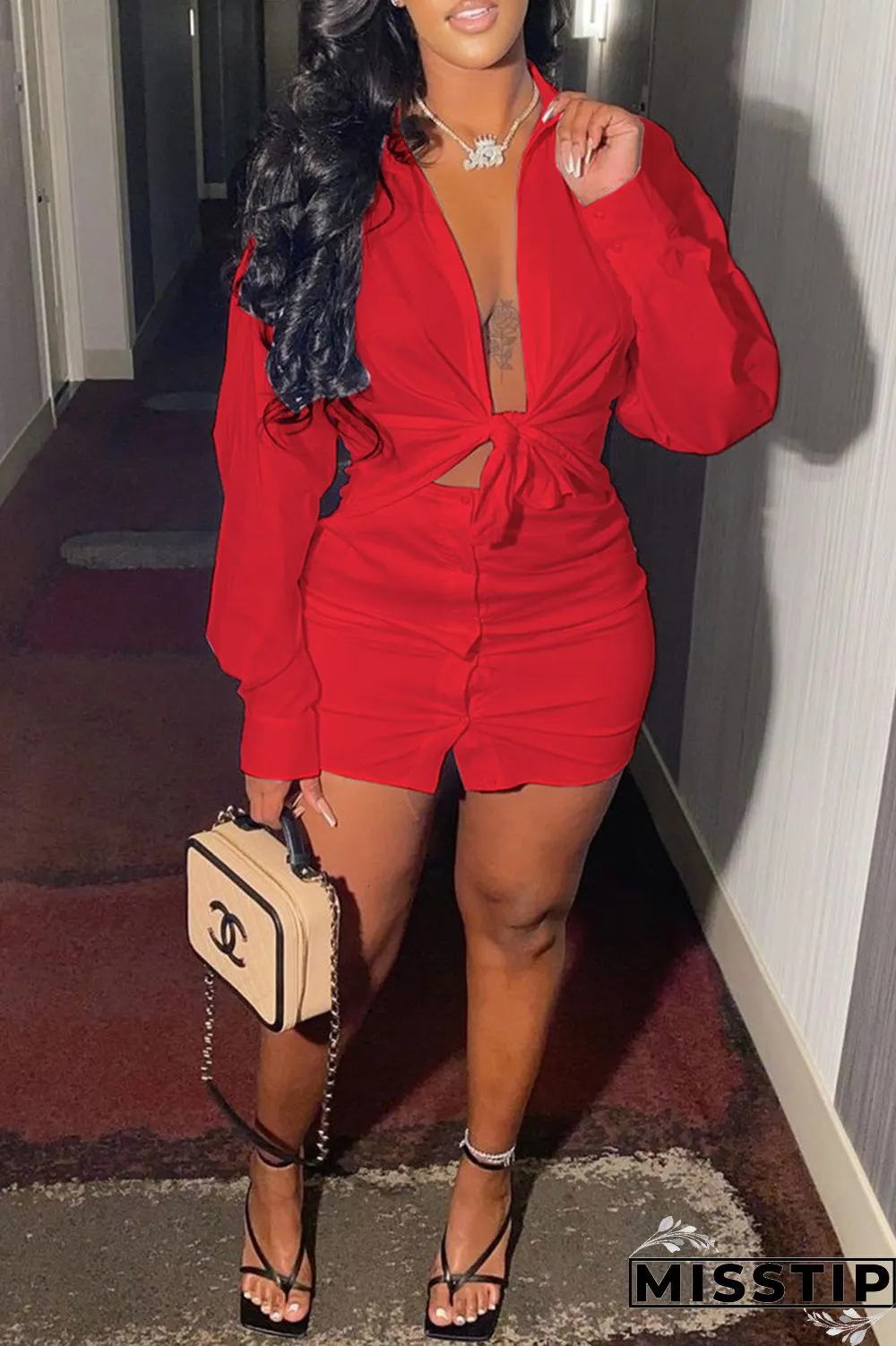 Coffee Fashion Sexy Solid Basic Turndown Collar Long Sleeve Two Pieces