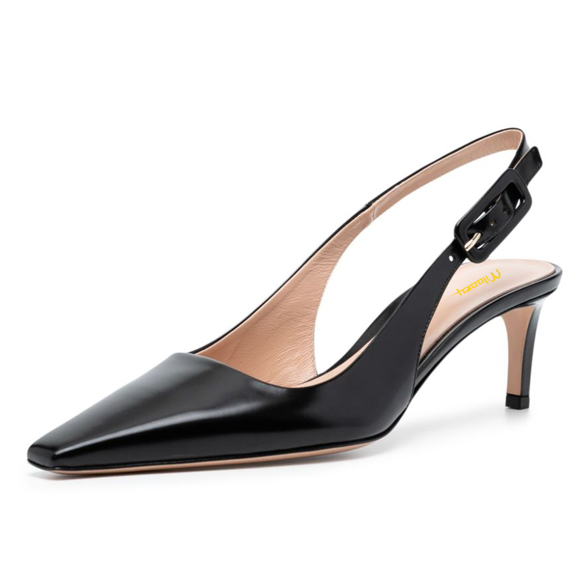 Black Faux Leather Square Toe Kitten Heel Women's Slingback Shoes Nicepairs