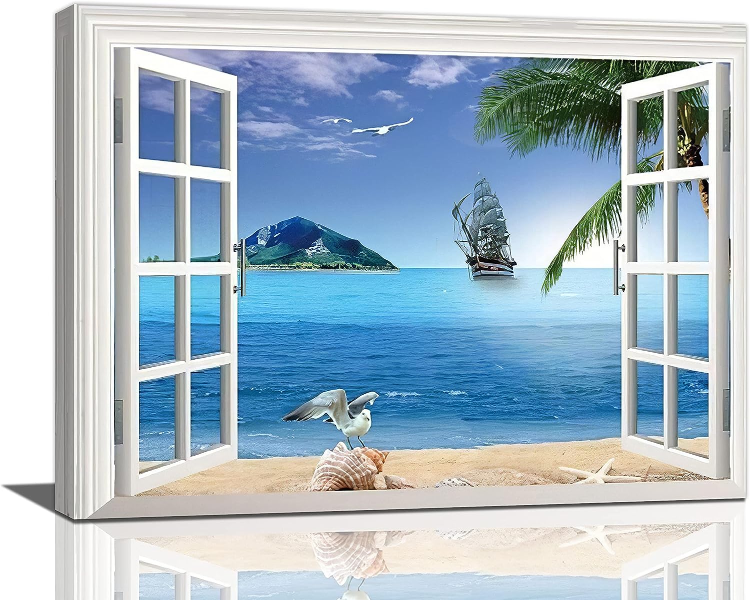 Window Beach Bathroom Wall Art Coastal Palm Tree Beach Sence Pictures Wall Decor Natuical Island Canvas Painting Print Artwork 3D Window Modern Home Decor Framed for Living room Bedroom Bathroom 12 inch X16 inch  Window Beach4