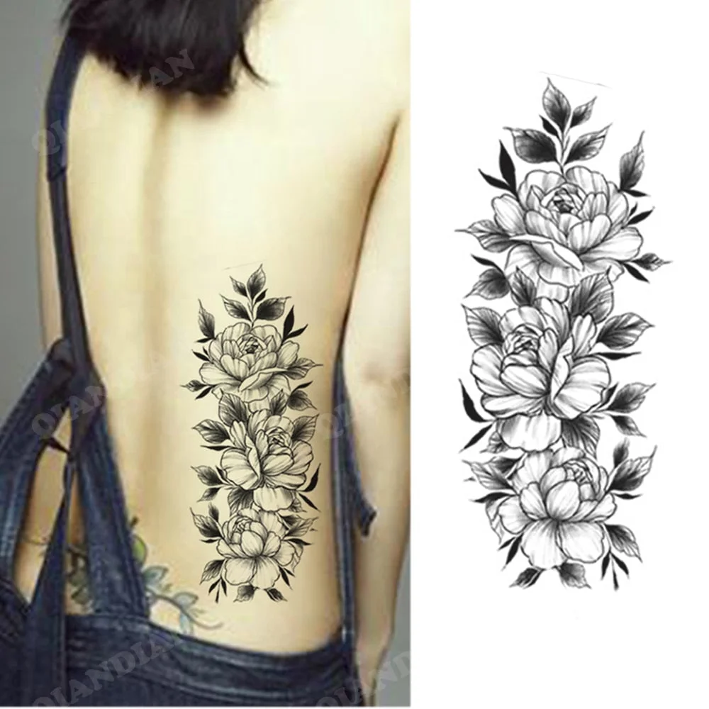 Black Flower Temporary Tattoos Sticker Arm Sleeve Rose Moon Butterfly Snake Henna Body Decorate Realistic Fake 3D Women Totem