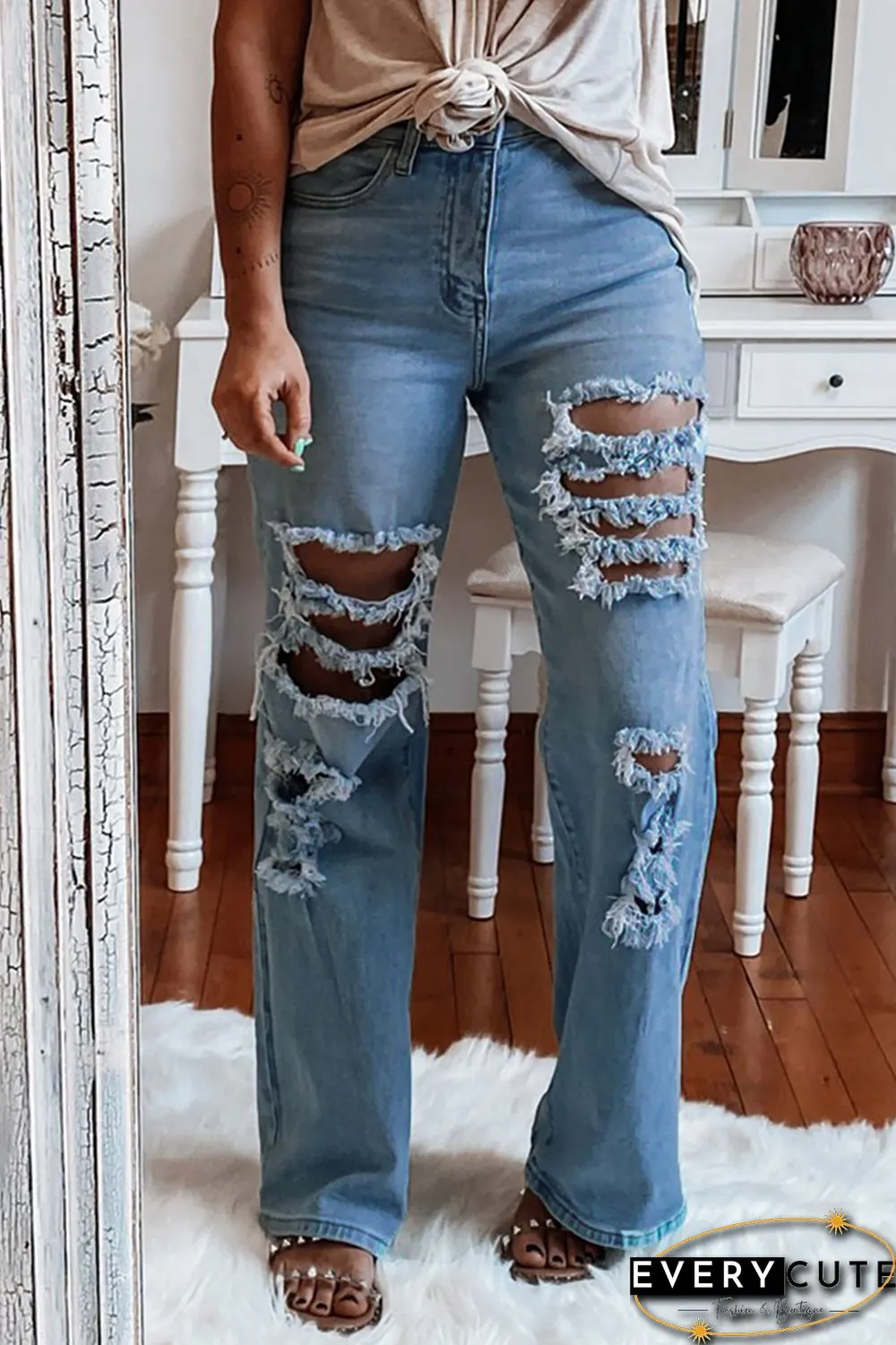 High Waist Ripped Flare Leg Jeans
