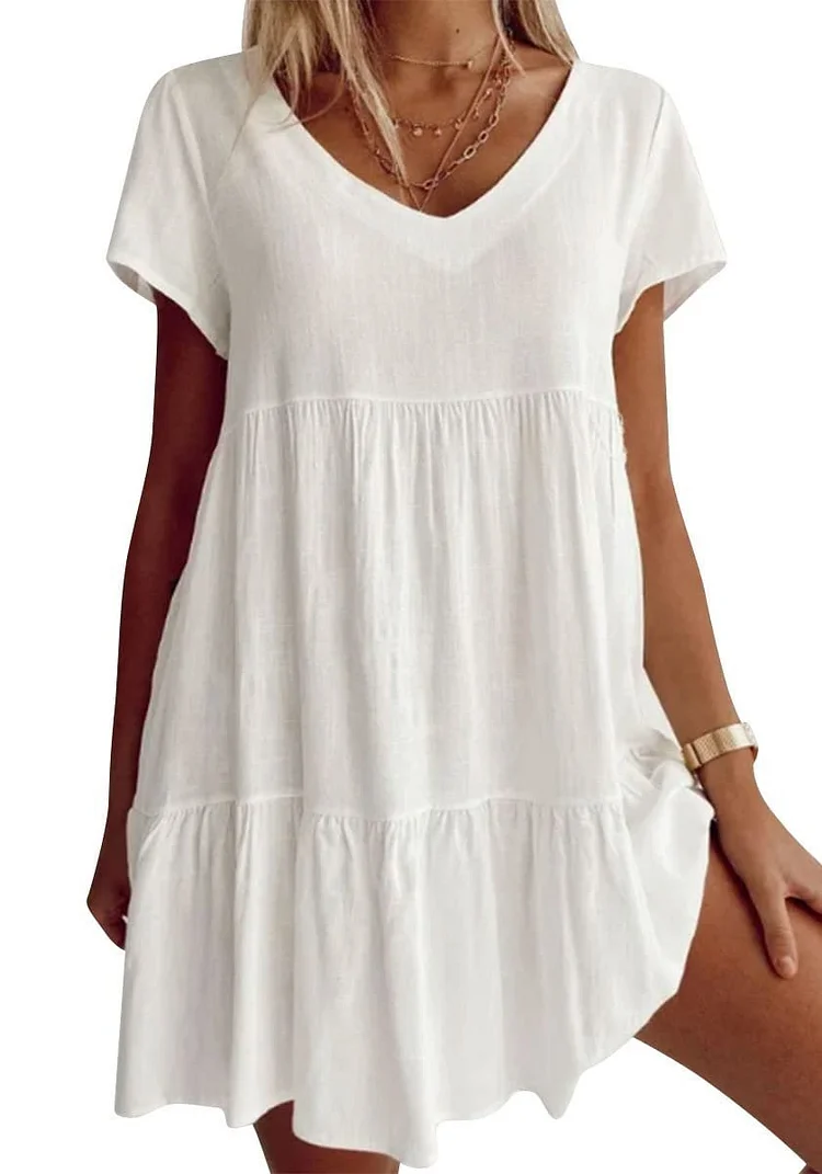 🎁 Plus Size Cotton-Blend V Neck Casual Short Sleeve Weaving Dress