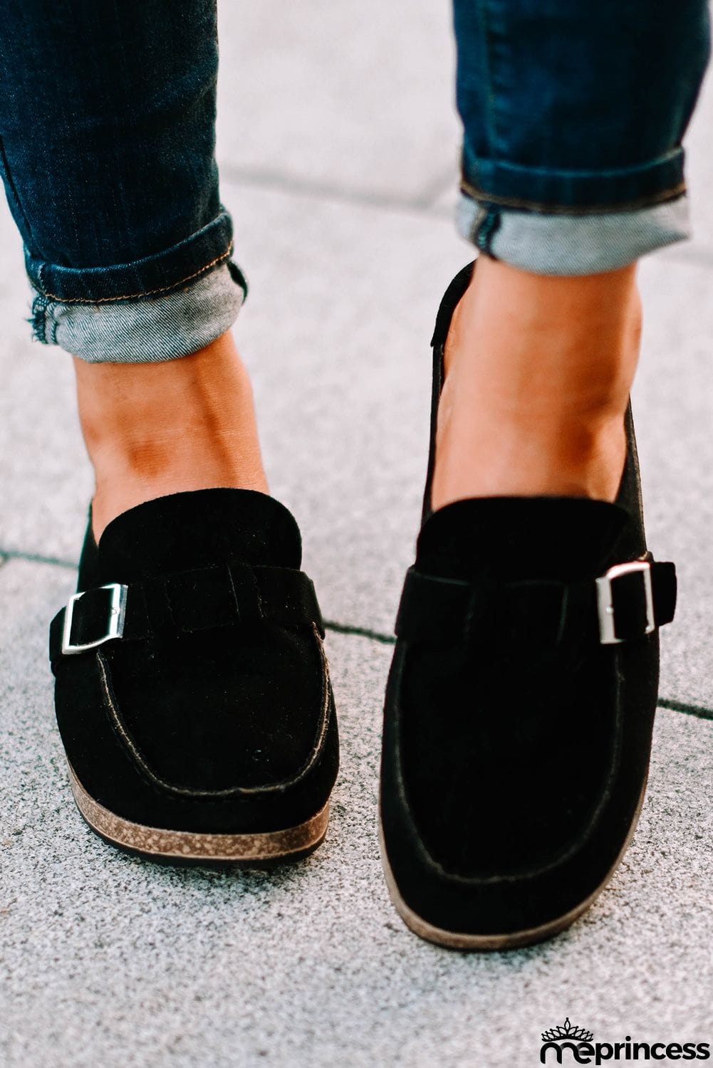 Faux Suede Buckle Detail Flat Mule Slippers