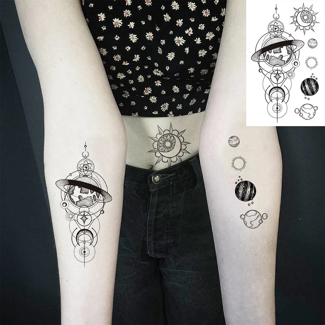 Black Round Totem Fashion Finger Temporary Tattoos For Women Men Universe Moon Realistic Fake Tattoo Waterproof Tatoos Sticker