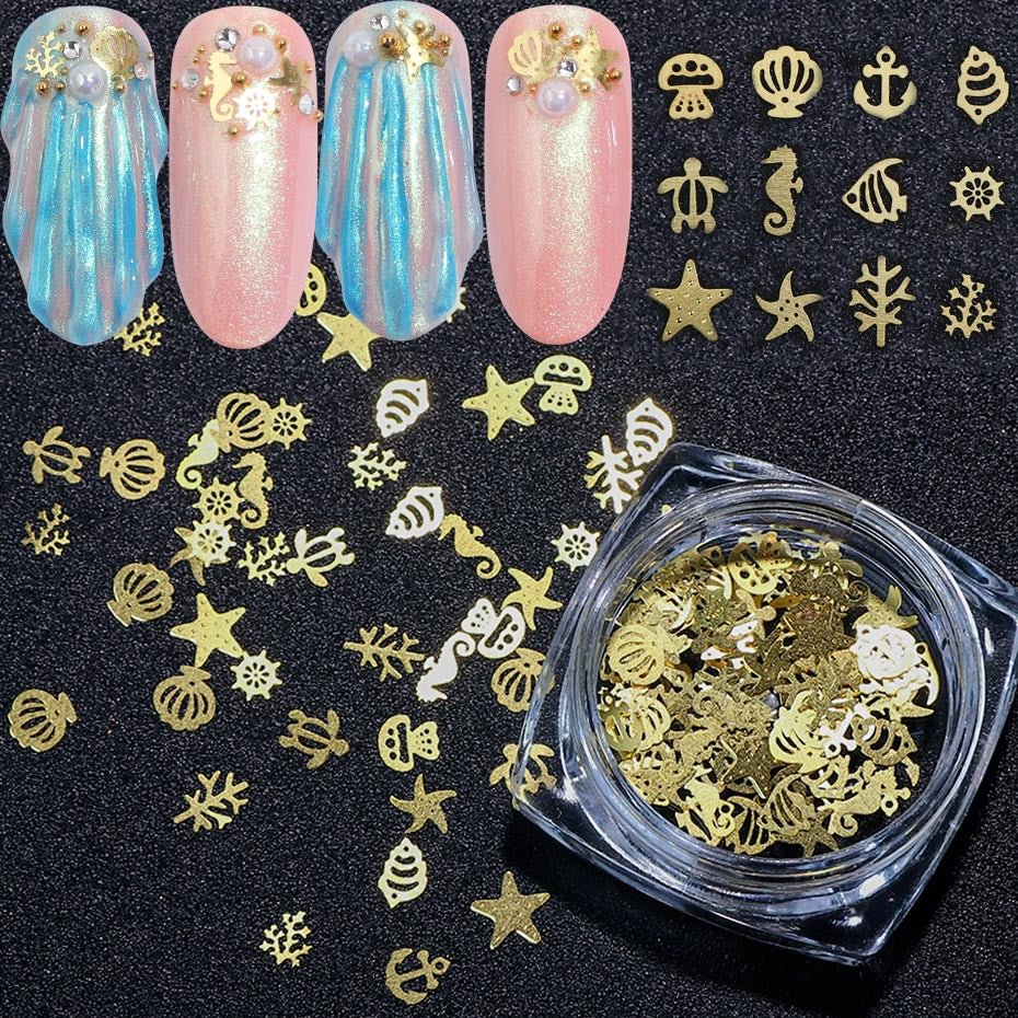 120pcs Ocean Hollow Gold Nail Glitter Sea Shell Starfish Seaweed Summer Flakes 3D Metal Paillette Nail Sequins Manicure JI970-A