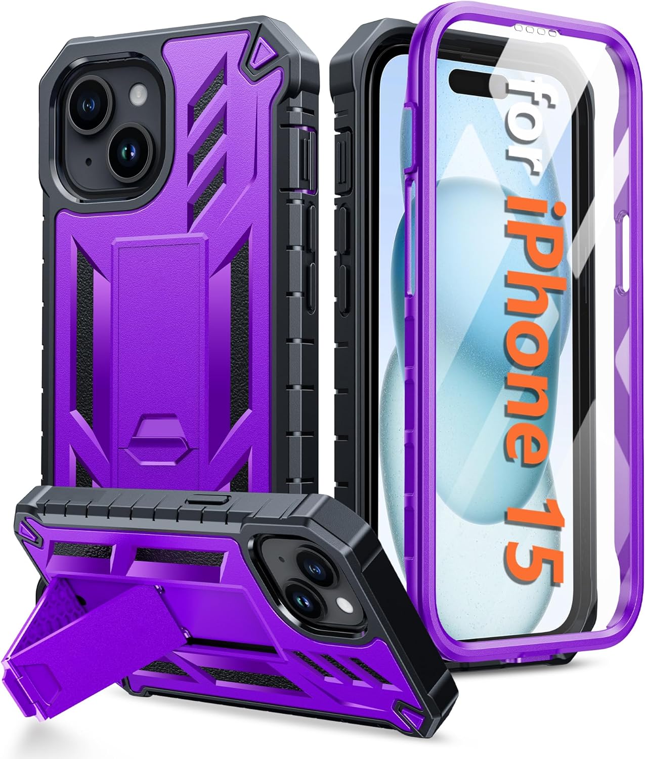 ProCaseMall iPhone 15 Phone Case Military Grade Shockproof Full Protection Hard Phonecase with Kickstand Purple