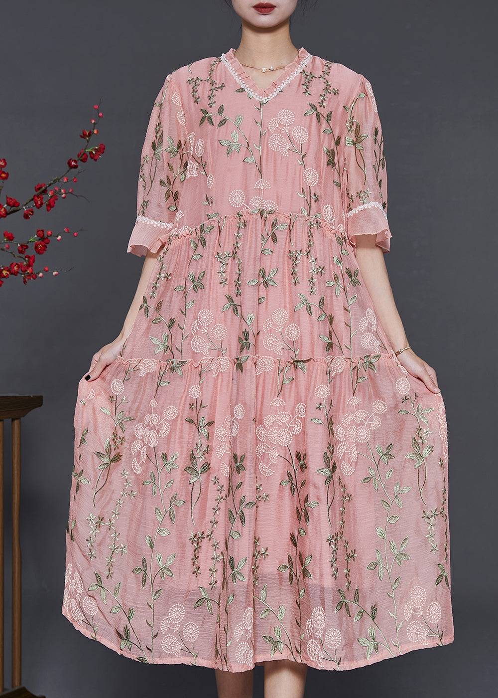 VCSHOES Pink Ruffled Embroidered Silk Maxi Dresses Summer