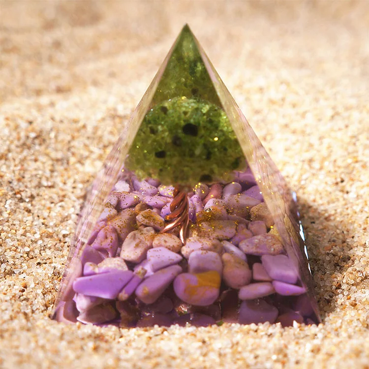 Peridot With Purple Jade Tree Of Life Orgone Pyramid