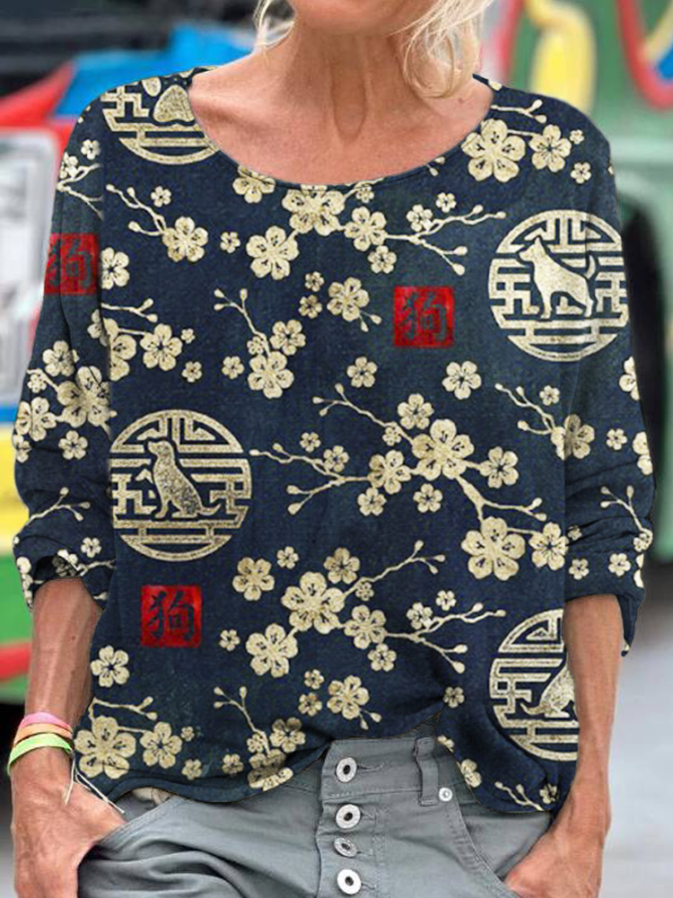 Japanese Sakura & Pet Dog Women's Linen Shirt wearshes