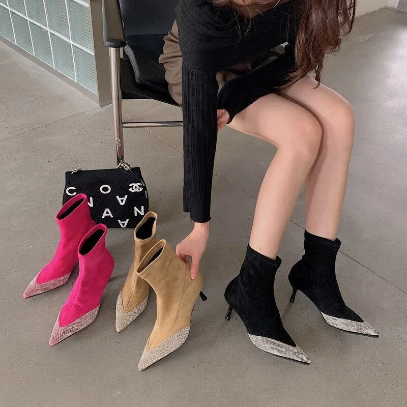 2021 Autumn Winter Women's Skinny Boots New Occident Style Pointed Suede Rhinestone Middle Boots Thin Heels Red Female Boots