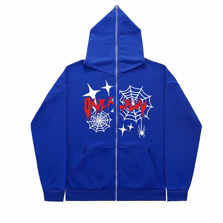 Spider Web Print Full Zip Hoodie Zip Up Hoodie Retro Y2k Top at Hiphopee