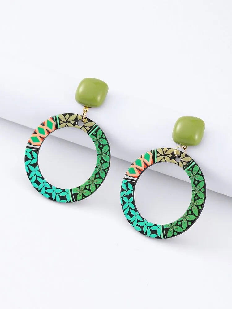 Flower Print Round Drop Earrings