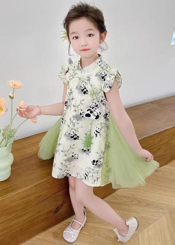 Novelty Green Stand Collar Print Tulle Patchwork Girls Dress Summer