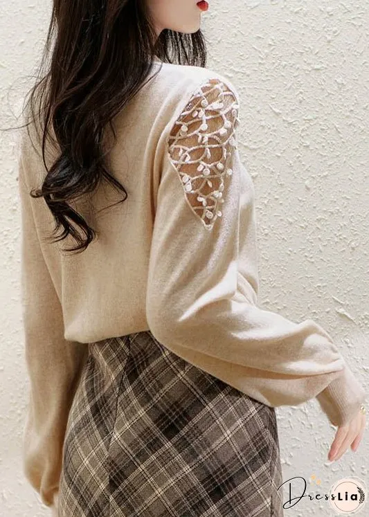 Stylish Apricot O Neck Hollow Out Woolen Knit Pullover Lantern Sleeve